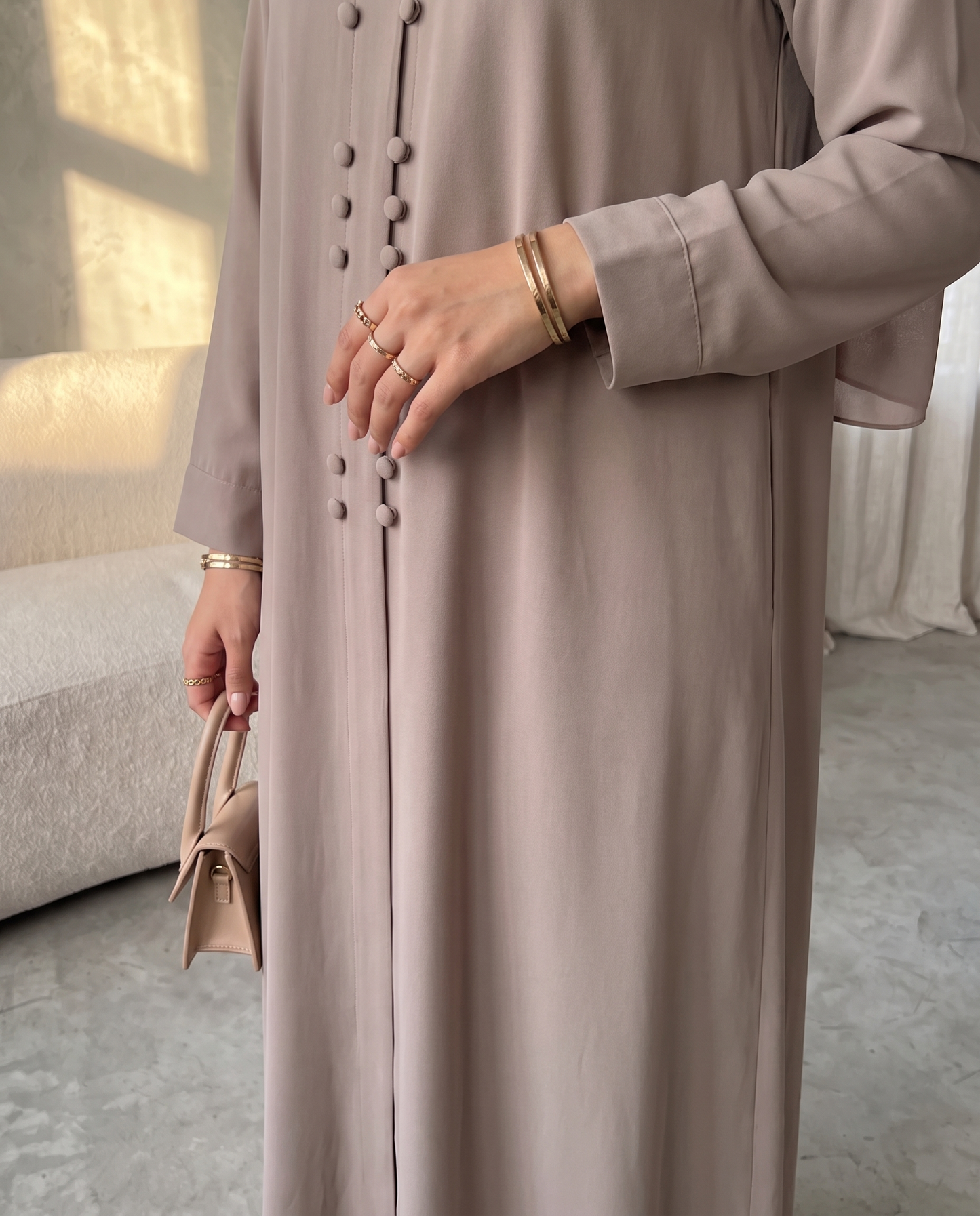 Soft Crepe Abaya Lavender Gray with Stylish Button Trims