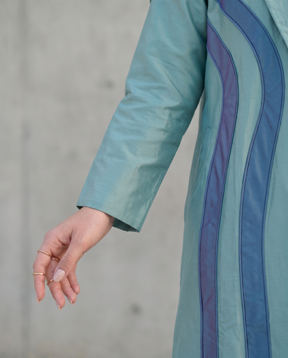 Teal Taffeta Abaya with Sculpted Velvet Panels & Ombre Wave Detailing