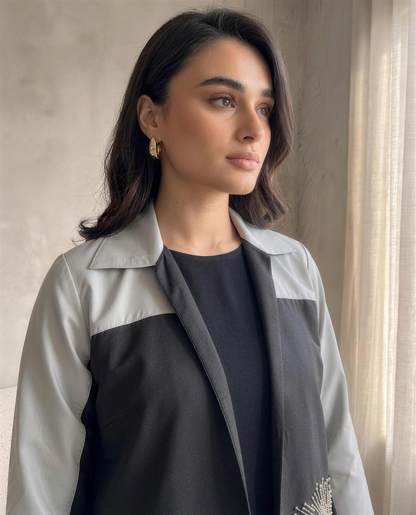 Two-Tone Abaya with Hand-Embellished Radiant Burst Motifs