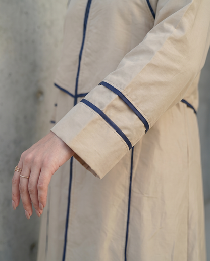 Beige Taffeta Abaya with Sculpted Royal-Blue Panel Piping