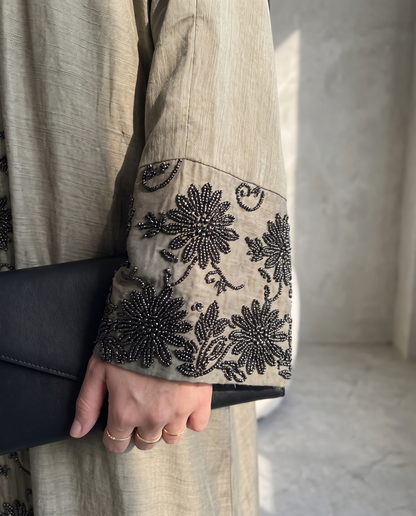 Premium Hand Beaded Floral Open Abaya