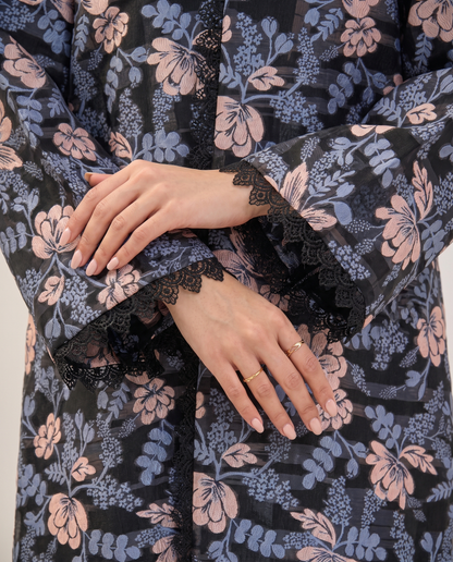 Floral Cape Style Open Abaya with Lace Trim Detail
