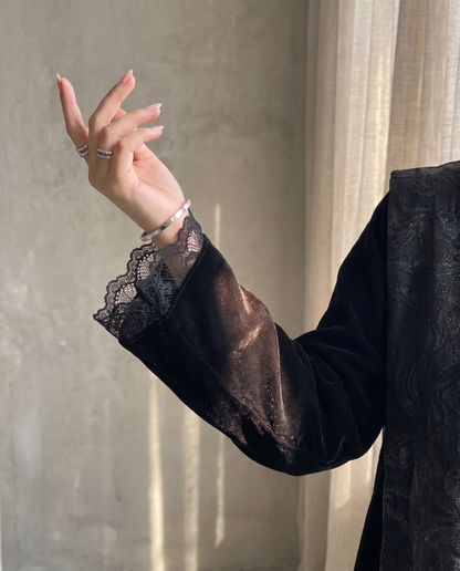 Black Velvet & Brocade Layered Abaya with Textured Patterned Vest Overlay