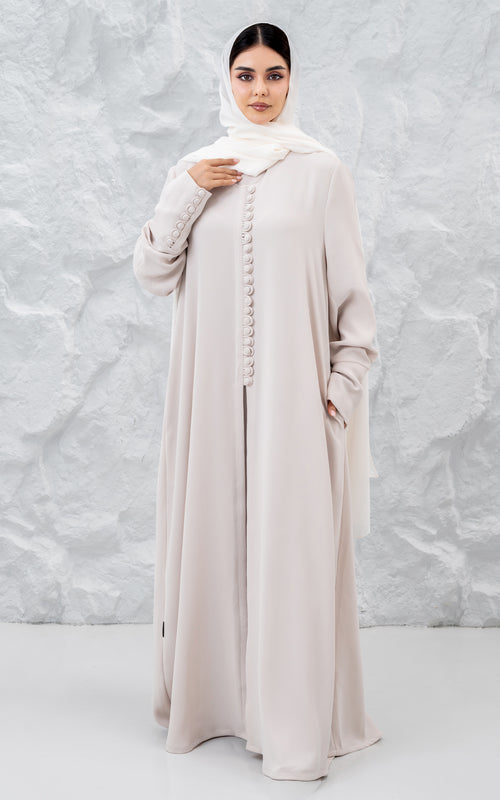 Pearl Button-Front Abaya with Elegant Panel Design