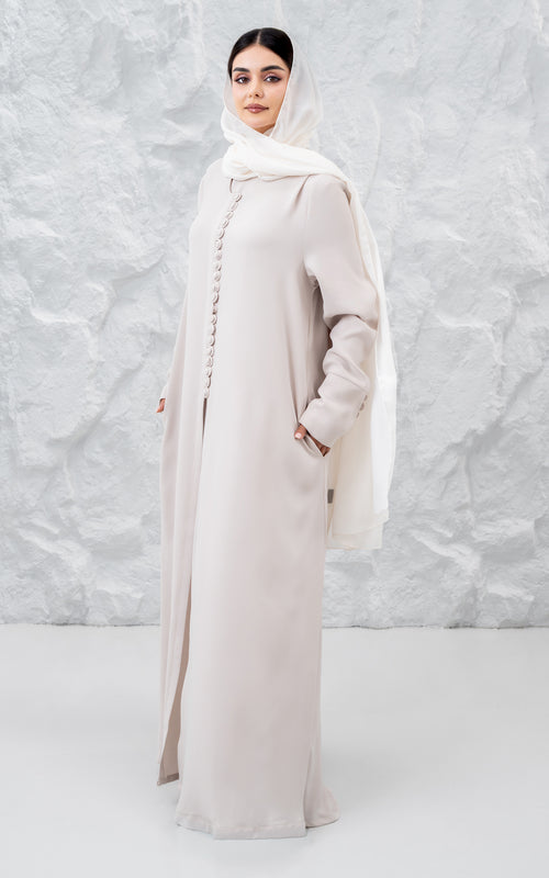 Pearl Button-Front Abaya with Elegant Panel Design – hover image