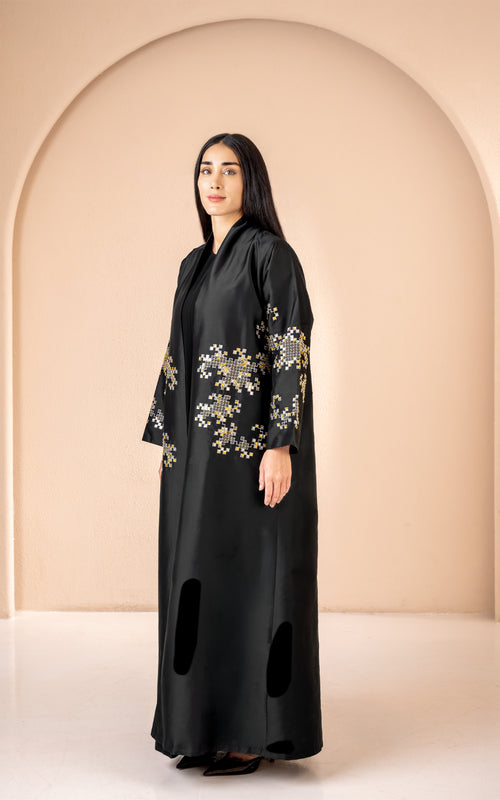 Embroidered Black Taffeta Abaya with Mosaic Floral Detailing – hover image