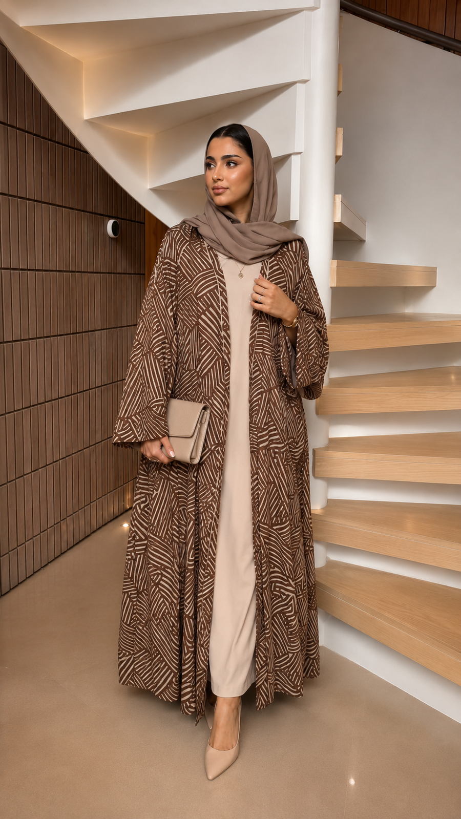 Kimono Style Geometric Print Brown Open Abaya