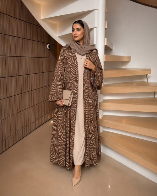 Kimono Style Geometric Print Brown Open Abaya