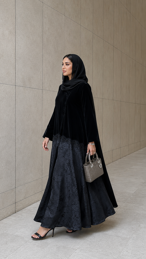 عباية مخملية من قماش الجاكار الفاخر مع حاشية مزخرفة – hover image