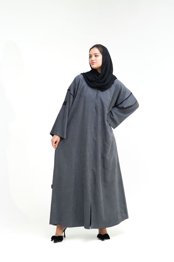 Open Abaya with Velvet Back and Logo Detail