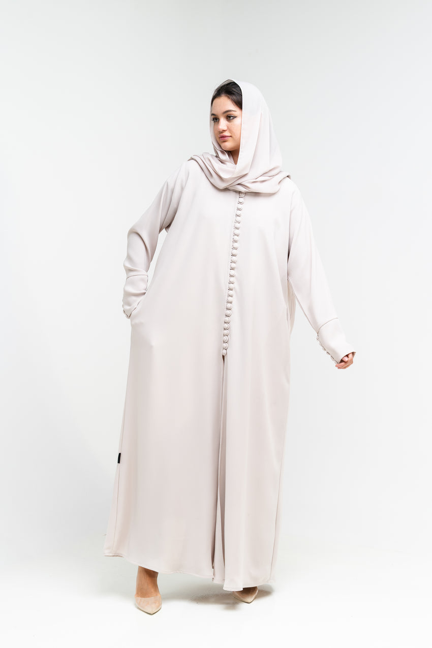 Pearl Button-Front Abaya in Cream Sand