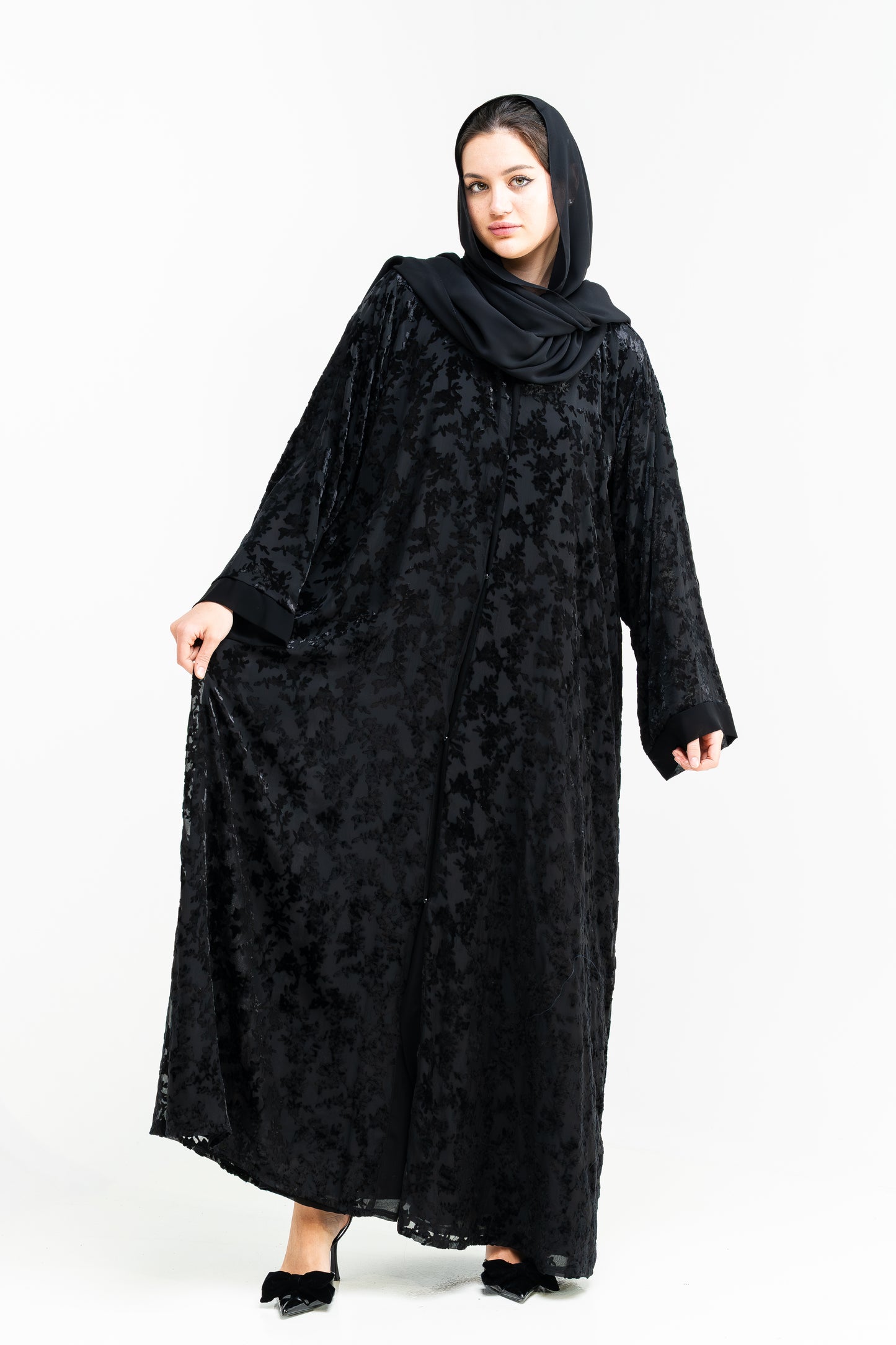 Classic Abaya with Velvet Floral Texture