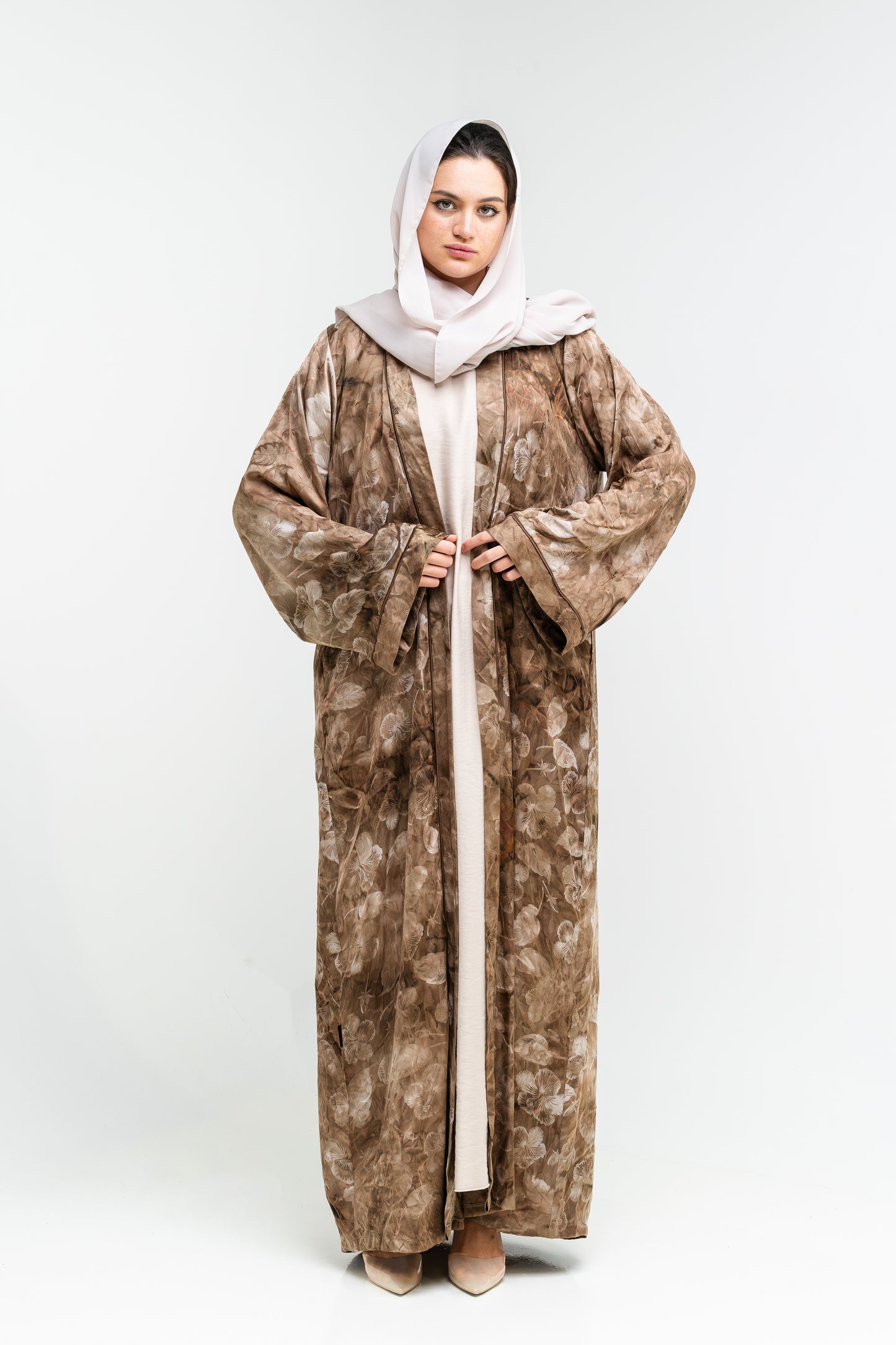 Open Abaya with Marble Leaf Print