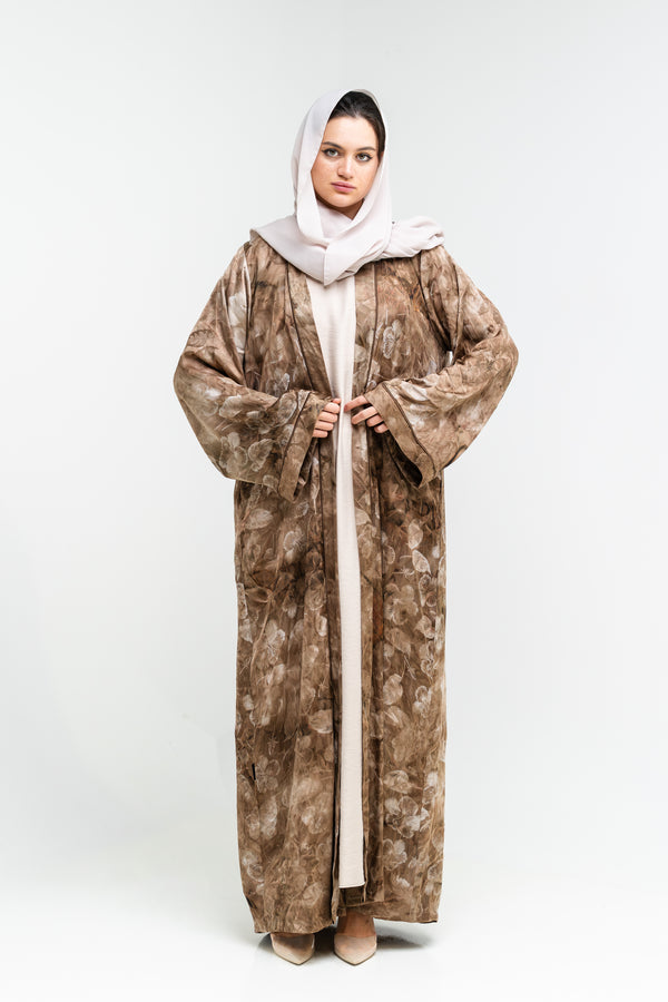 Open Abaya with Marble Leaf Print