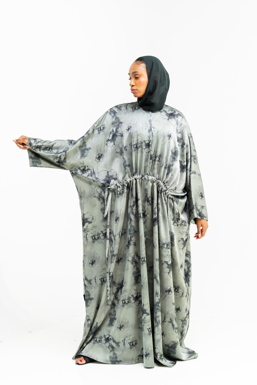 Oversized Abstract Aqua Printed Abaya with Drawstring Detailing