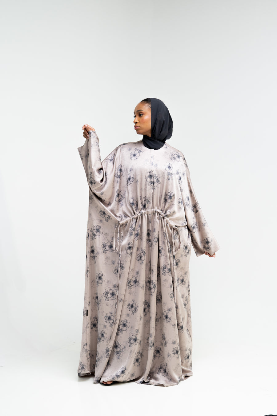 Oversized Abstract Ivory Printed Abaya with Drawstring Detailing