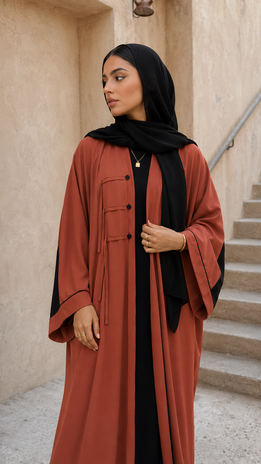 Clay Rose Contrast Panel Abaya with Structured Tie-Front Detailing