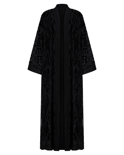 Velvet Burnout Abaya with Abstract Sleeves – hover image