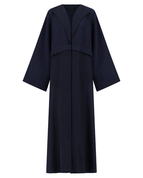 Deep Blue Polka Dot Abaya with Oversized Collar – hover image