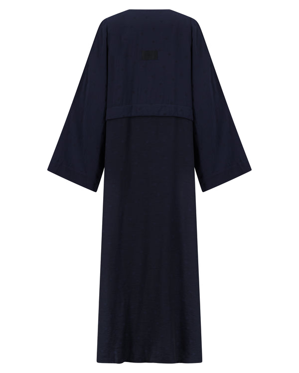 Deep Blue Polka Dot Abaya with Oversized Collar – hover image