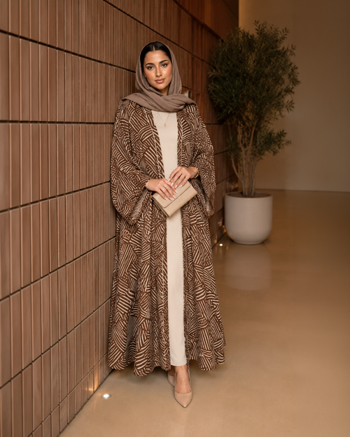 Kimono Style Geometric Print Brown Open Abaya – hover image