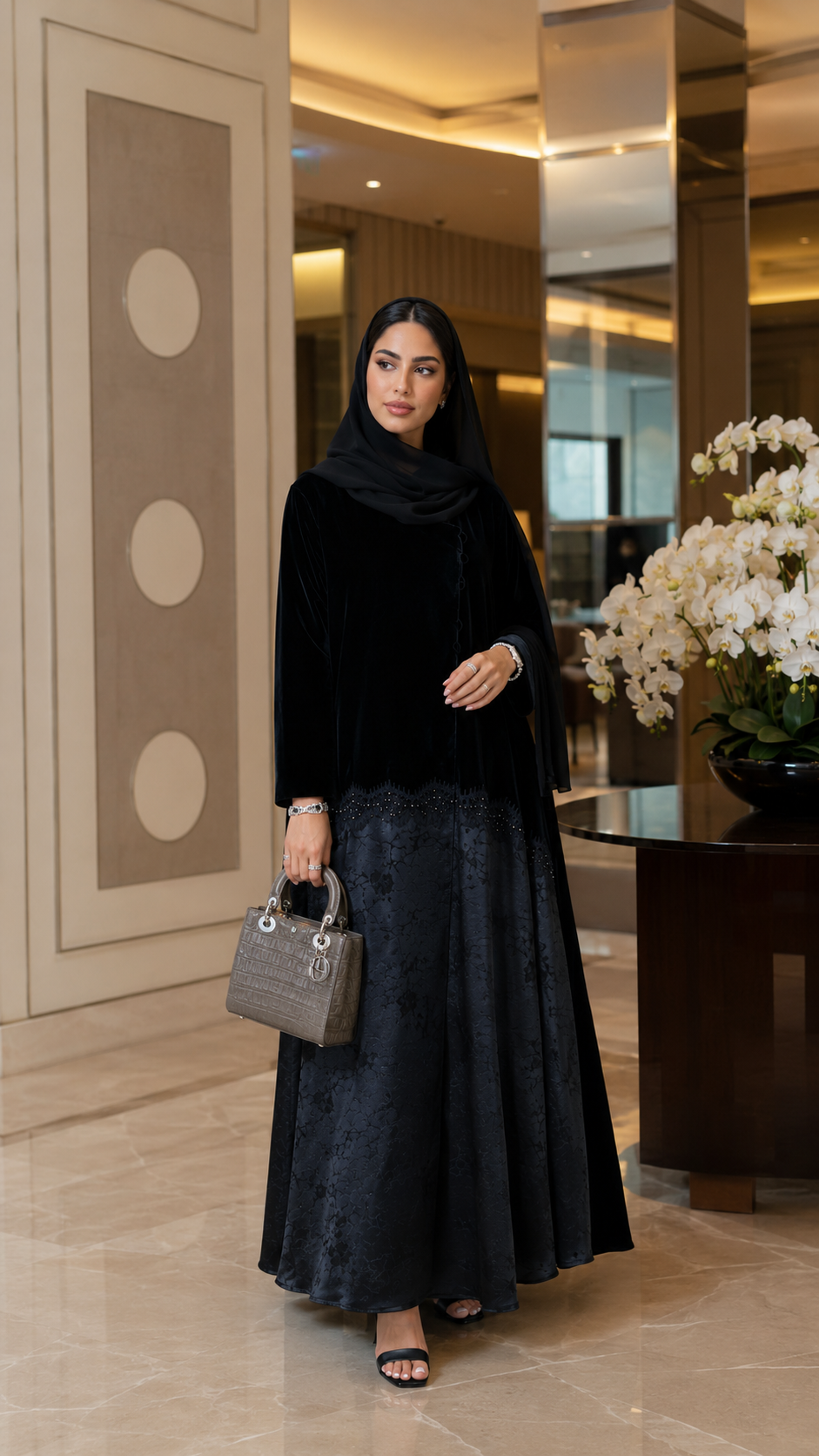 Velvet Layered Jacquard Luxe Abaya with Embellished Hem
