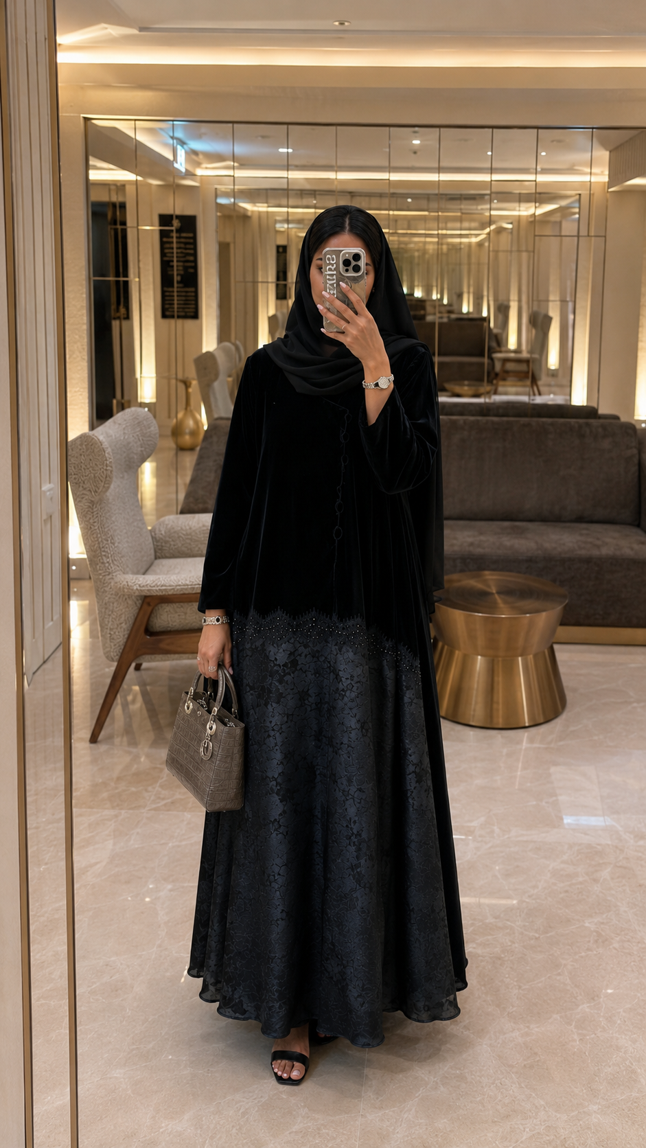 Velvet Layered Jacquard Luxe Abaya with Embellished Hem