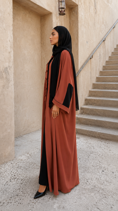 Clay Rose Contrast Panel Abaya with Structured Tie-Front Detailing