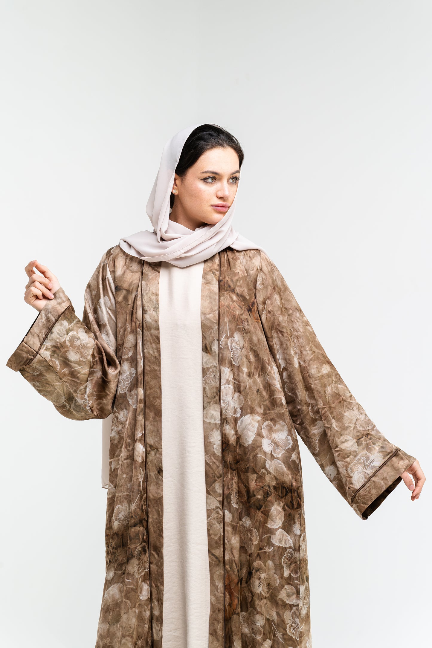 Open Abaya with Marble Leaf Print
