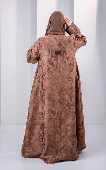 Elegant Floral Jacquard Abaya with Embellished Pocket Detail