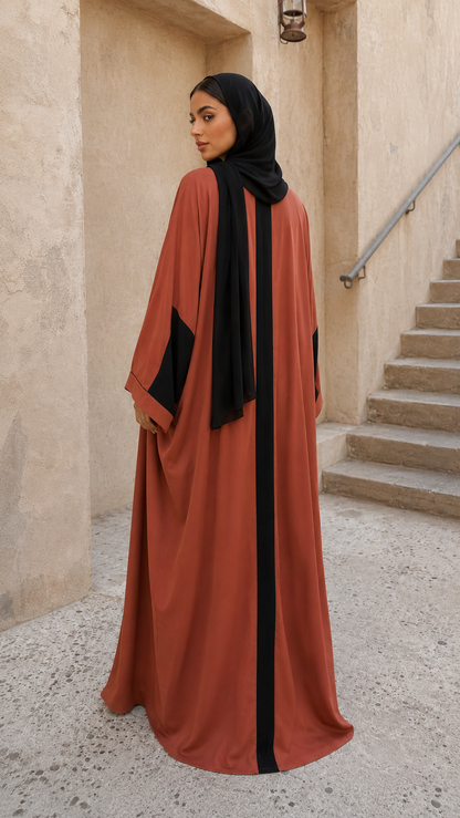 Clay Rose Contrast Panel Abaya with Structured Tie-Front Detailing