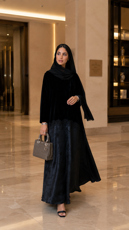 Velvet Layered Jacquard Luxe Abaya with Embellished Hem