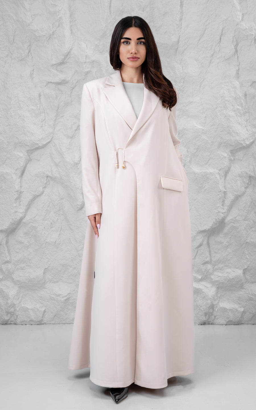 Premium Beige Suit Abaya with Asymmetric Closure & Gold Accent Detail