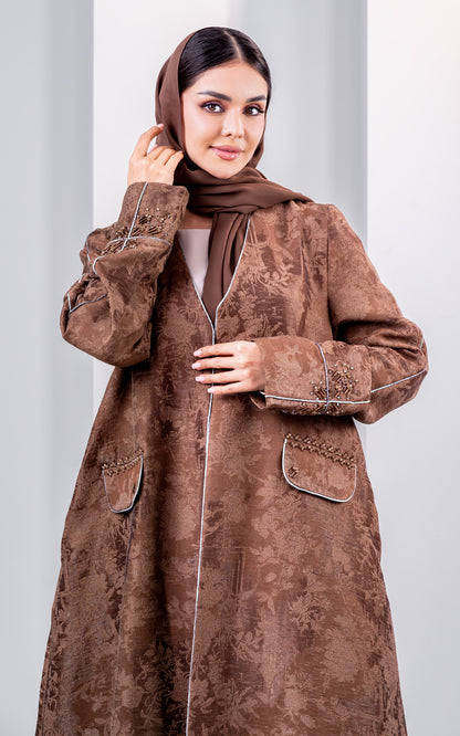 Elegant Floral Jacquard Abaya with Embellished Pocket Detail