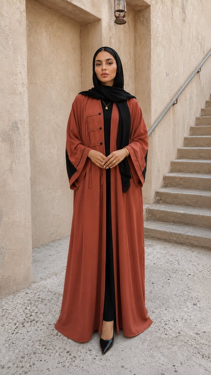 Clay Rose Contrast Panel Abaya with Structured Tie-Front Detailing