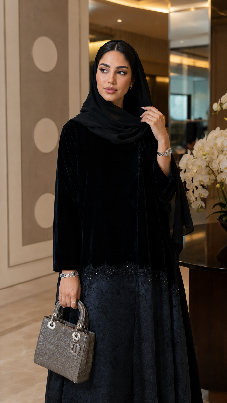 Velvet Layered Jacquard Luxe Abaya with Embellished Hem