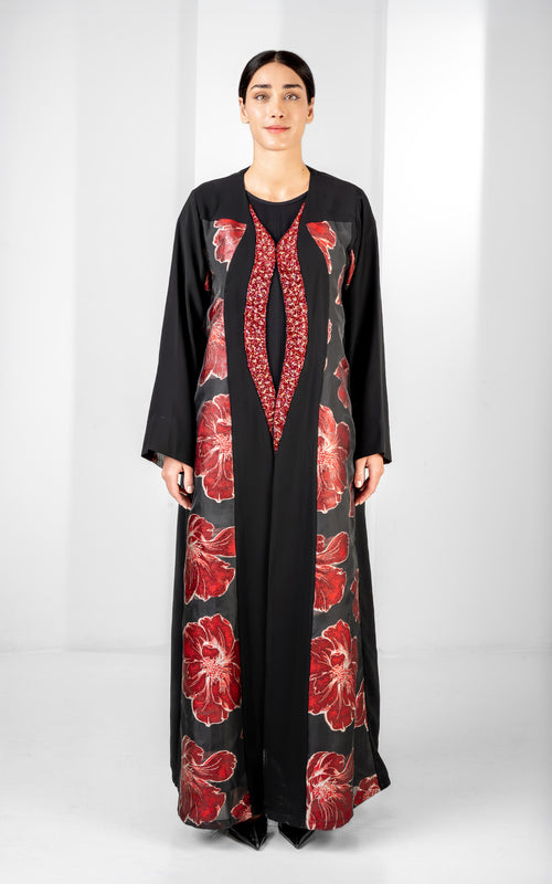 Floral Panel Abaya with Embellished Front Detailing