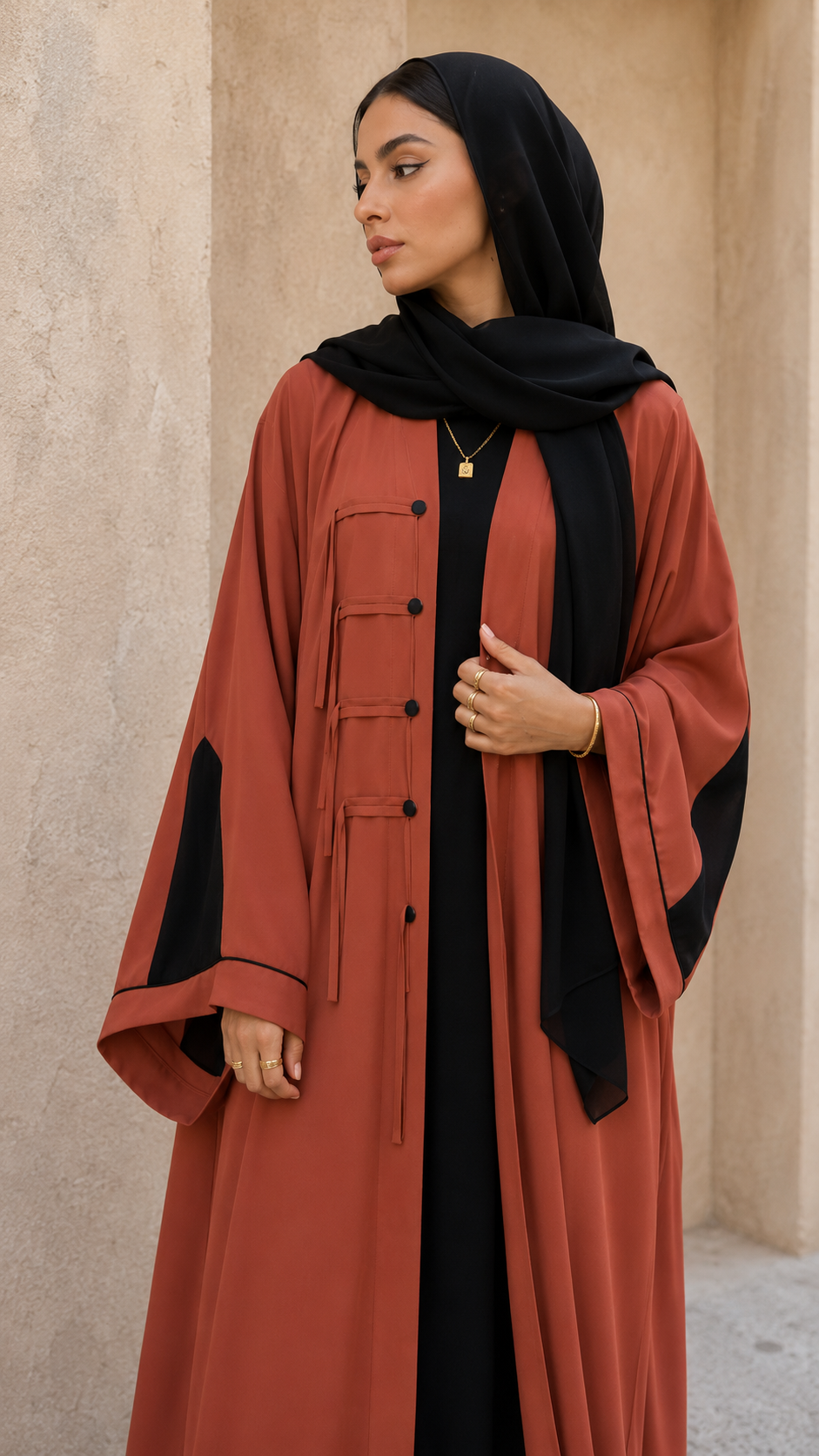 Clay Rose Contrast Panel Abaya with Structured Tie-Front Detailing