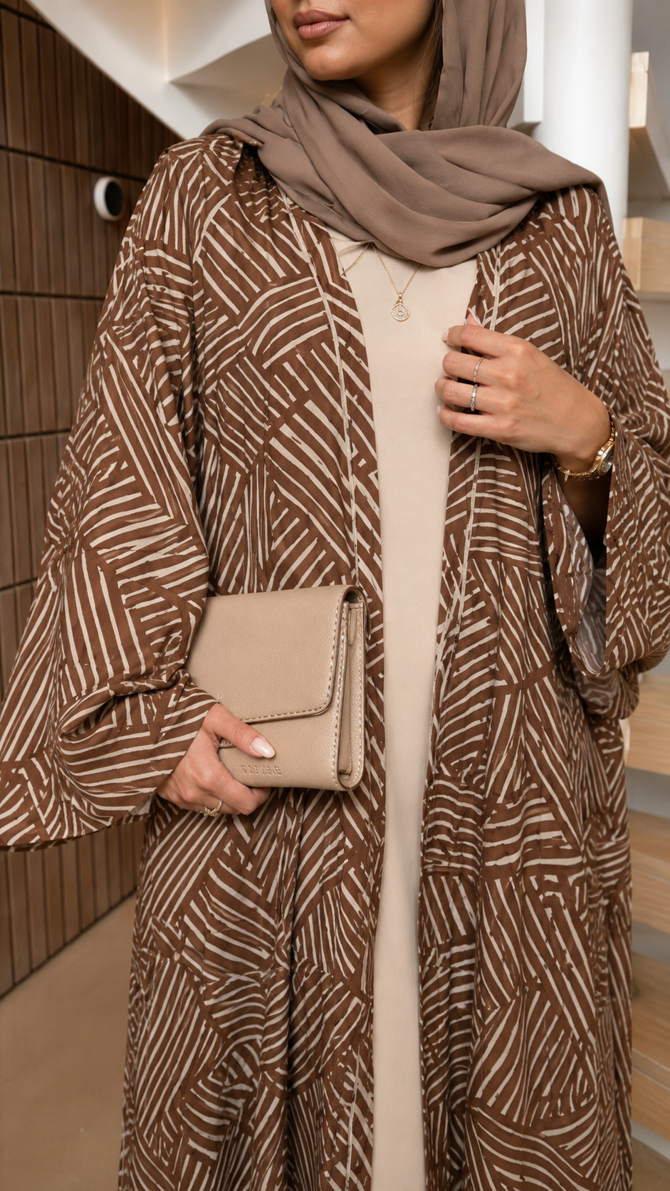 Kimono Style Geometric Print Open Abaya