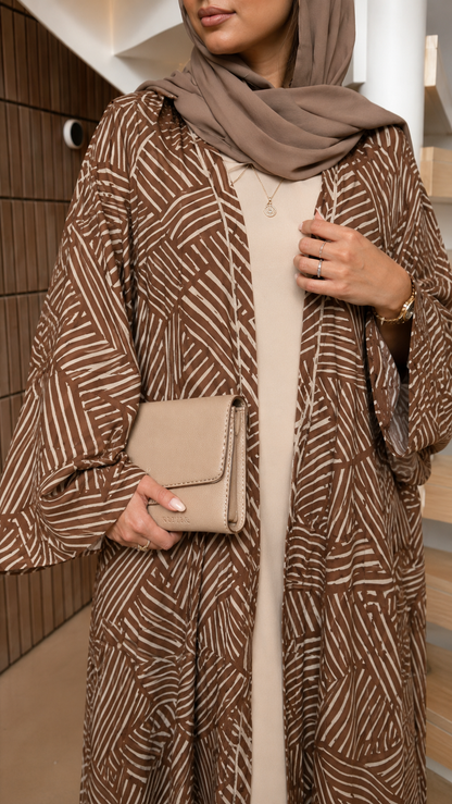 Kimono Style Geometric Print Open Abaya