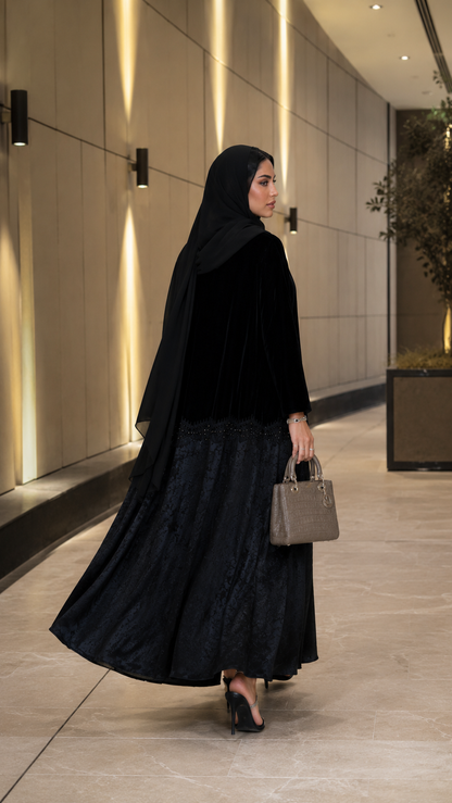 Velvet Layered Jacquard Luxe Abaya with Embellished Hem