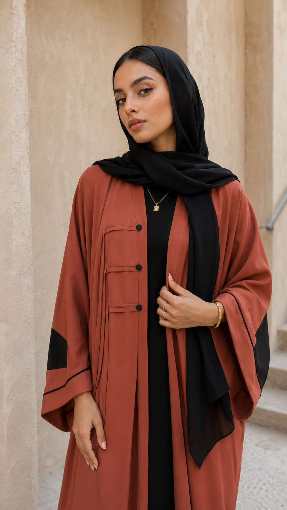 Clay Rose Contrast Panel Abaya with Structured Tie-Front Detailing