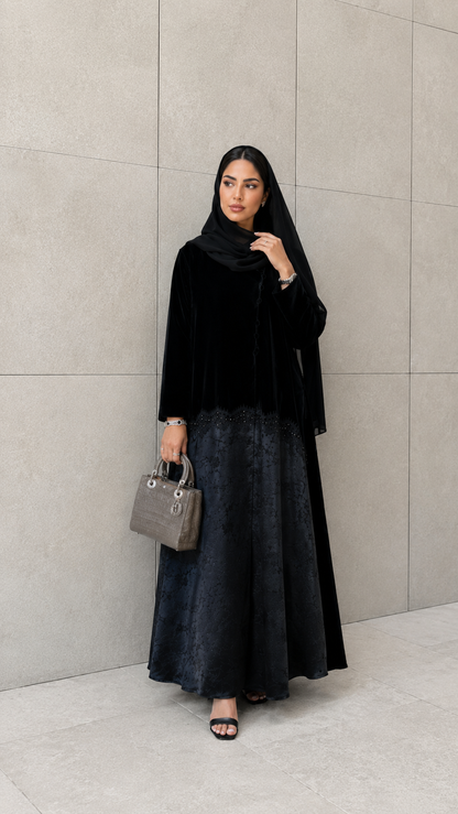Velvet Layered Jacquard Luxe Abaya with Embellished Hem