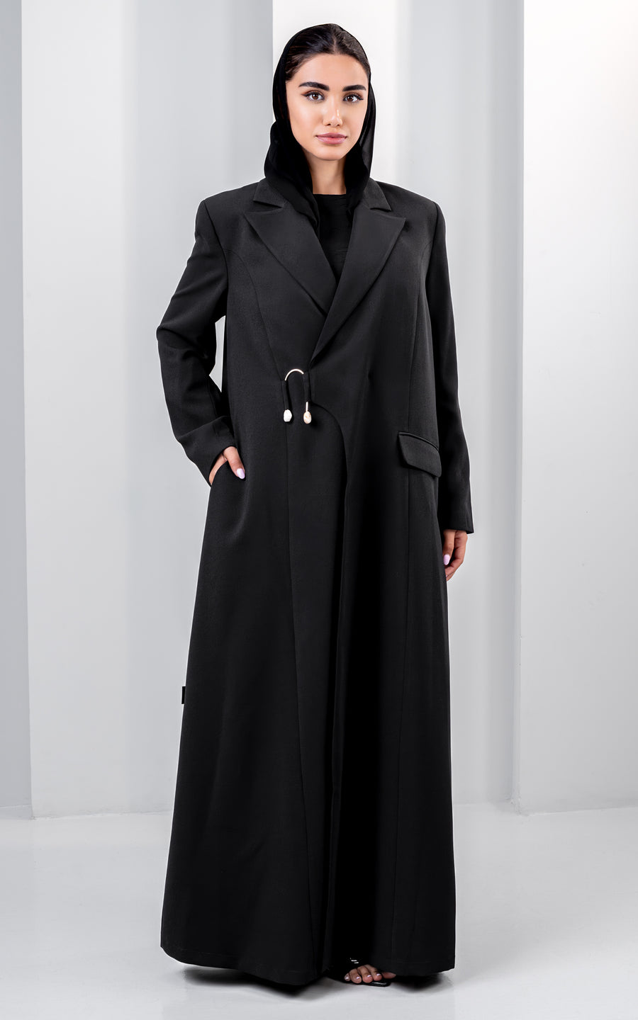 Premium Black Suit Abaya with Asymmetric Closure & Gold Accent Detail