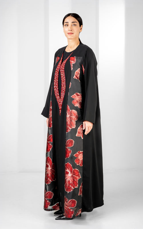 Floral Panel Abaya with Embellished Front Detailing – hover image