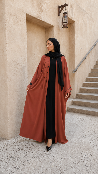 Clay Rose Contrast Panel Abaya with Structured Tie-Front Detailing