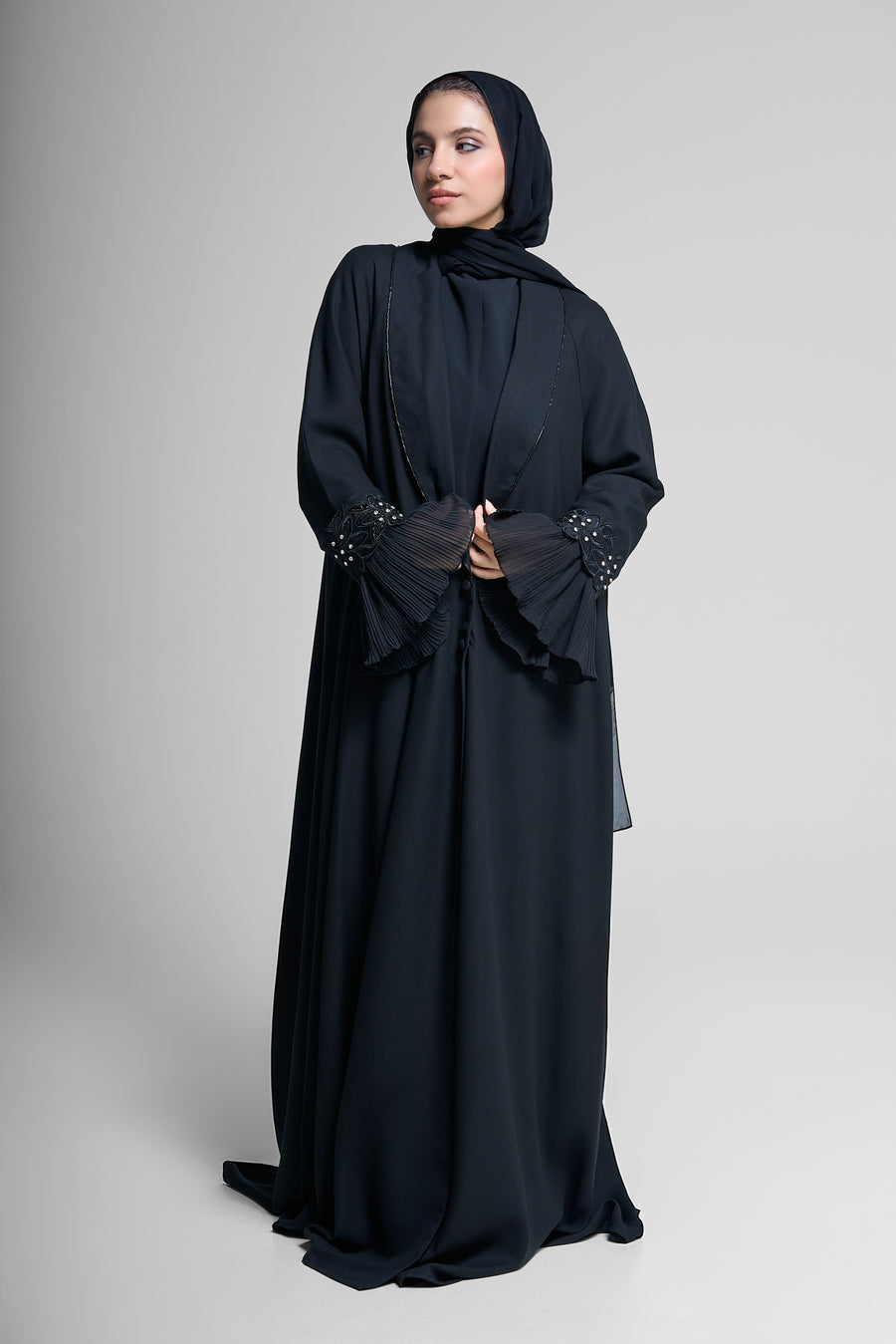 Elegant Black Abaya with Pleated Beaded Sleeves