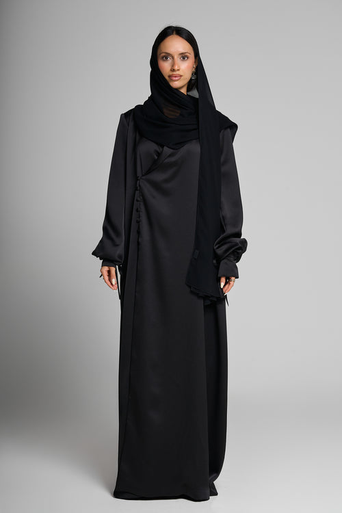 Premium Satin Wrap Black Abaya with Side Buttons