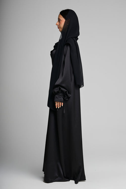 Premium Satin Wrap Black Abaya with Side Buttons – hover image