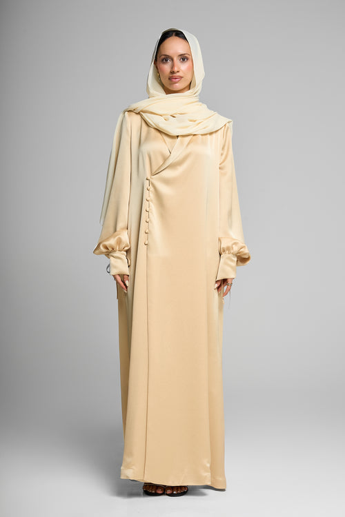 Premium Satin Wrap Yellow Abaya with Side Buttons